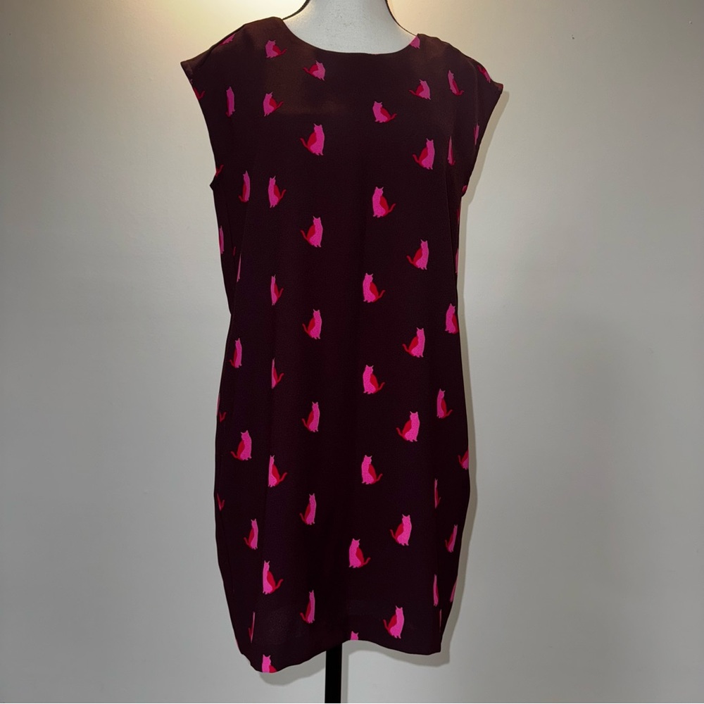 LOFT Mini Dress Burgundy w/ Pink Cats Print Unique Fun Cat Lover Quirky Size 6P